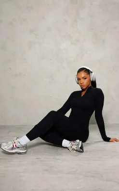 Black Structured Snatched Rib Zip Jumpsuit