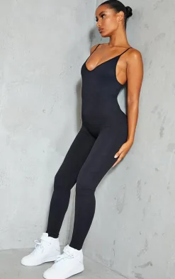 Black Structured Snatched Rib Strappy Plunge Jumpsuit