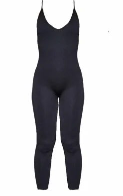 Black Structured Snatched Rib Strappy Plunge Jumpsuit