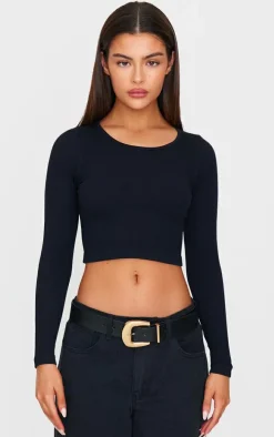 Black Structured Snatched Ribbed Round Neck Long Sleeve Crop Top