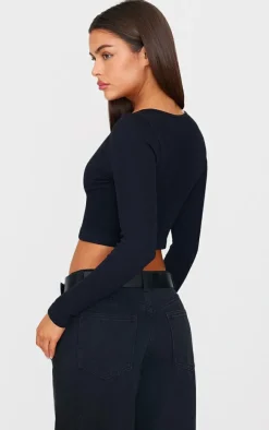 Black Structured Snatched Ribbed Round Neck Long Sleeve Crop Top