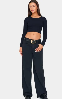 Black Structured Snatched Ribbed Round Neck Long Sleeve Crop Top