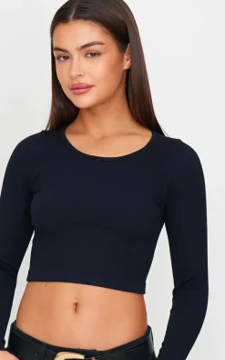 Black Structured Snatched Ribbed Round Neck Long Sleeve Crop Top