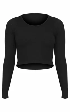 Black Structured Snatched Ribbed Round Neck Long Sleeve Crop Top