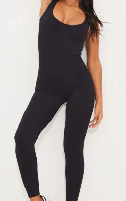 Black Structured Snatched Ribbed Scoop Neck Jumpsuit