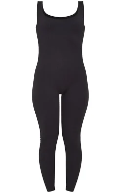 Black Structured Snatched Ribbed Scoop Neck Jumpsuit