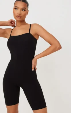 Black Structured Snatched Rib Straight Neck Unitard