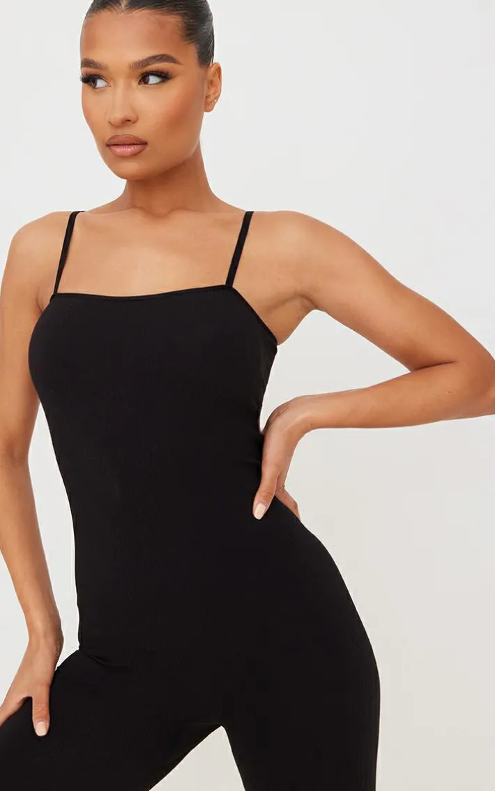 Black Structured Snatched Rib Straight Neck Unitard