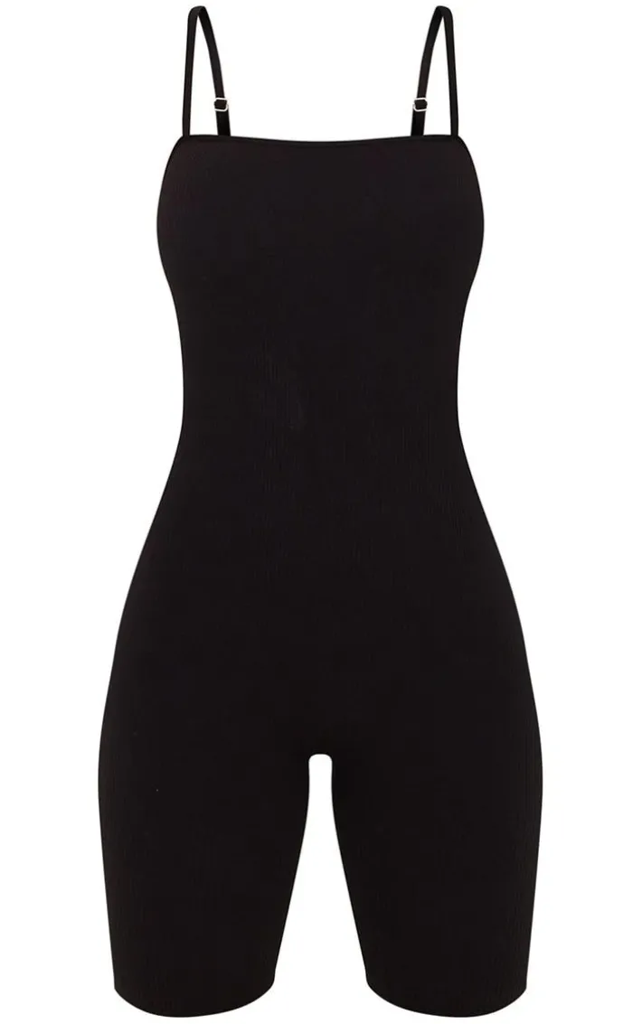 Black Structured Snatched Rib Straight Neck Unitard