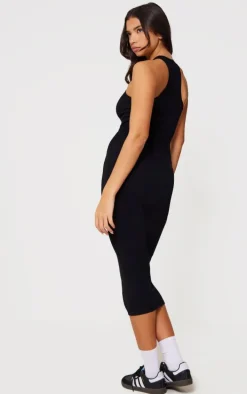 Black Structured Snatched Rib Racer Neck Midaxi Dress
