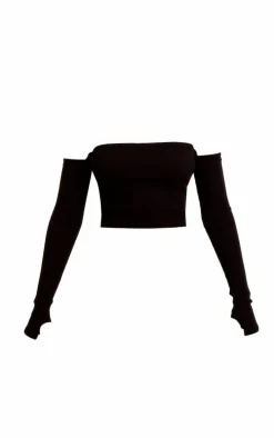 Black Structured Snatched Rib Bardot Crop Top