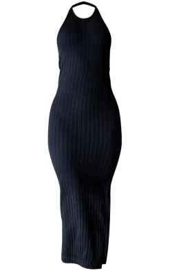 Black Structured Snatched Rib Halterneck Scoop Maxi Dress