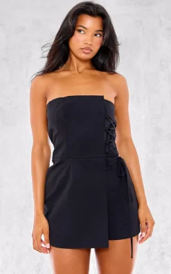 Black Structured Woven Bandeau Skort Romper