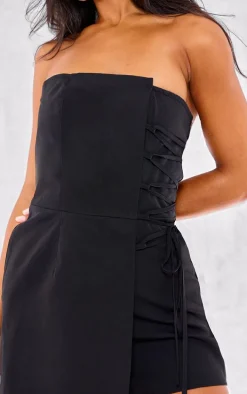 Black Structured Woven Bandeau Skort Romper