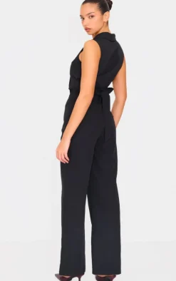 Black Structured Woven Tailored Sleeveless Vest Detail Jumpsuit