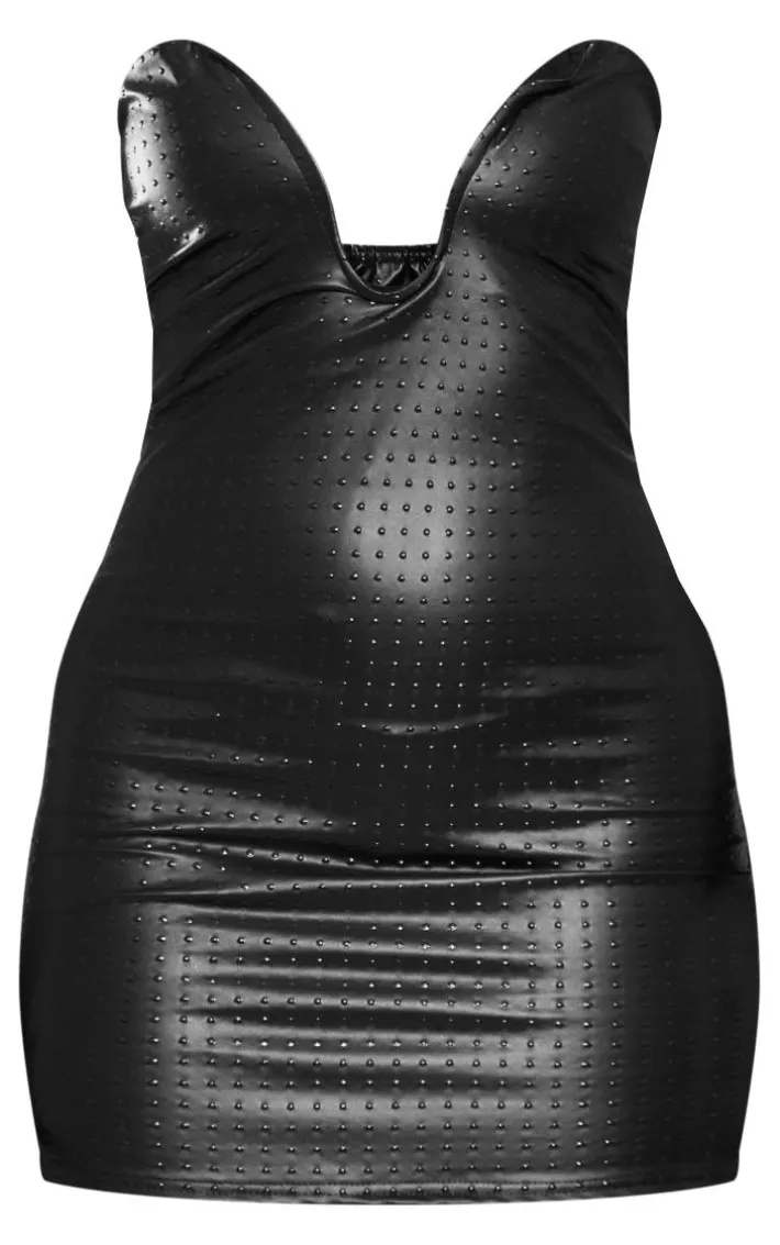 Black Studded Faux Leather Wire Bandeau Bodycon Dress