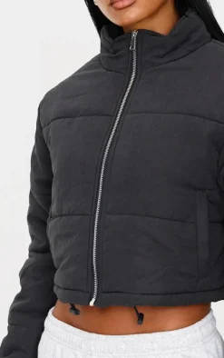 Black Super Cropped Peach Skin Puffer