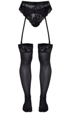 Black Suspender, Hold Up Stocking & Panties Set