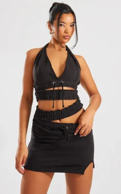 Black Sweat Elastic Cross Waist Detail Halterneck Bodycon Dress