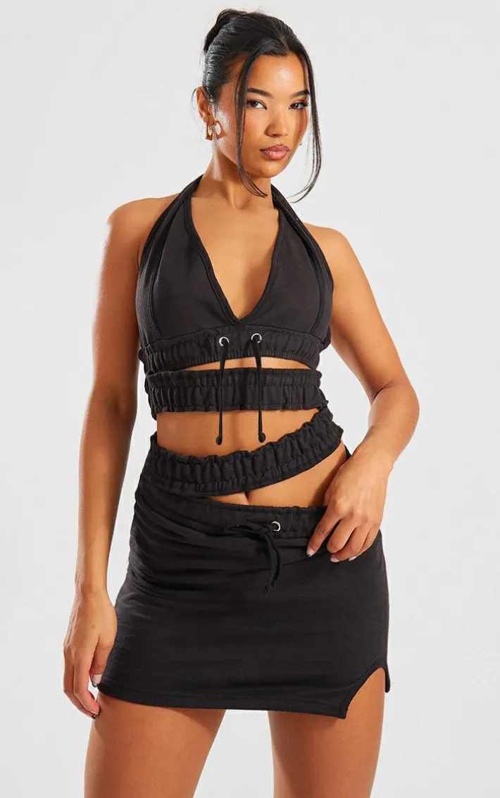 Black Sweat Elastic Cross Waist Detail Halterneck Bodycon Dress