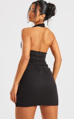 Black Sweat Elastic Cross Waist Detail Halterneck Bodycon Dress