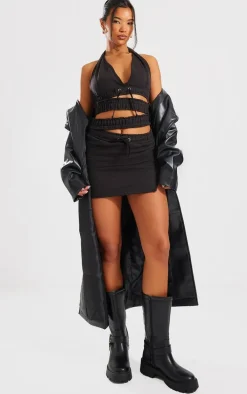 Black Sweat Elastic Cross Waist Detail Halterneck Bodycon Dress