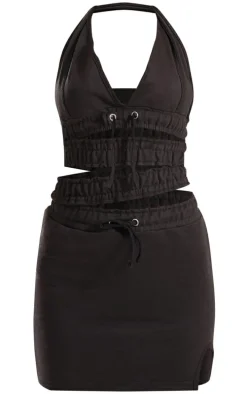 Black Sweat Elastic Cross Waist Detail Halterneck Bodycon Dress