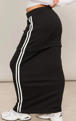 Black Sweat Zip Off Side Stripe Maxi Skirt