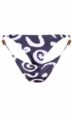 Black Swirl Print Bead Detail Bikini Bottoms