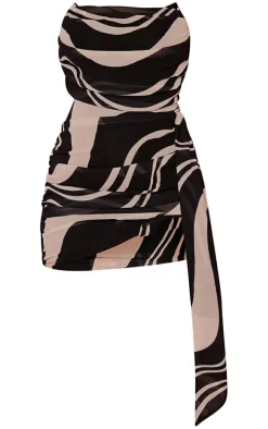 Black Swirl Print Draped Chiffon Bandeau Bodycon Dress