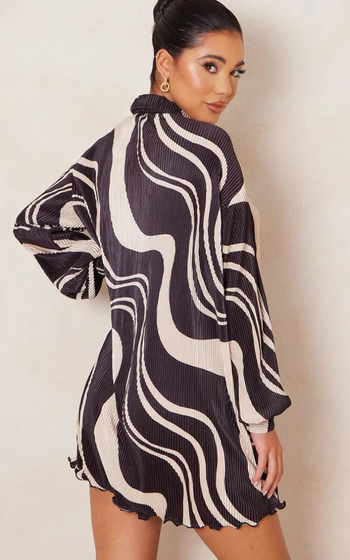 Black Swirl Print Plisse Frill Hem Shirt Dress