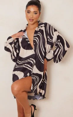 Black Swirl Print Plisse Frill Hem Shirt Dress