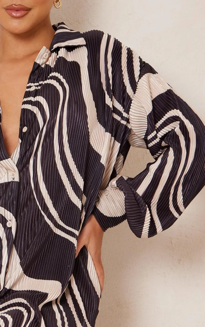 Black Swirl Print Plisse Frill Hem Shirt Dress