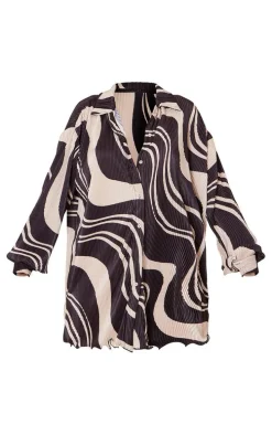 Black Swirl Print Plisse Frill Hem Shirt Dress