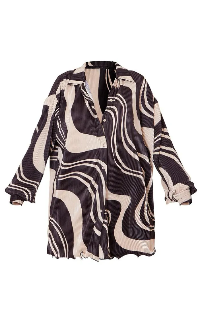 Black Swirl Print Plisse Frill Hem Shirt Dress