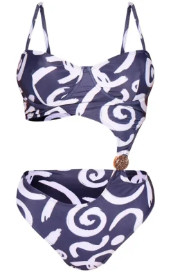 Black Swirl Print Underwired Cut Out Swimsuit