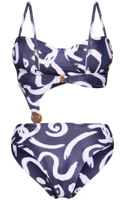 Black Swirl Print Underwired Cut Out Swimsuit