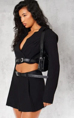 Black Tailored Boxy Belt Cropped Blazer
