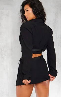 Black Tailored Boxy Belt Cropped Blazer