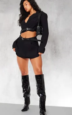 Black Tailored Boxy Belt Cropped Blazer