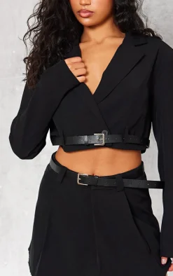Black Tailored Boxy Belt Cropped Blazer