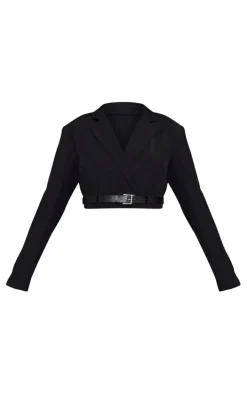 Black Tailored Boxy Belt Cropped Blazer