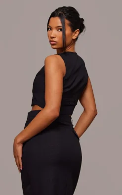 Black Tailored Cropped Seam Detail Vest