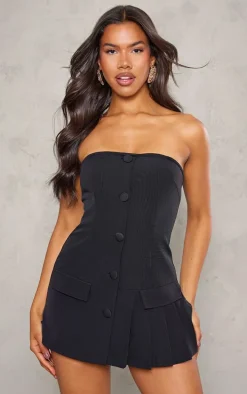 Black Tailored Pleat Detail Bandeau Skort Romper