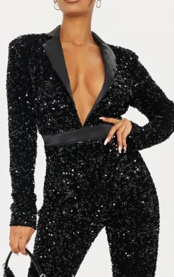 Black Tailored Plunge Front Sequin Jumpsuit