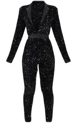 Black Tailored Plunge Front Sequin Jumpsuit