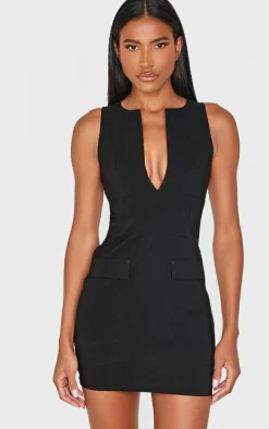 Black Tailored V Neck Pleated Shift Dress