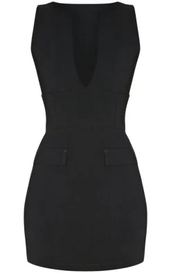 Black Tailored V Neck Pleated Shift Dress