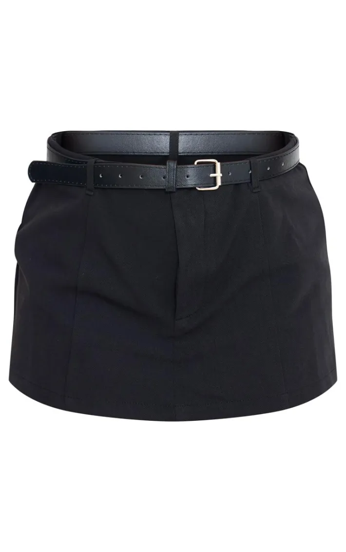 Black Tailored Woven Belt Detail Skort