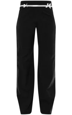 Black Tailored Woven Bow Detail Low Rise Wide Leg Pants